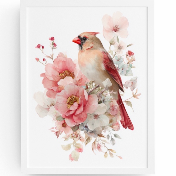 Watercolor Female Cardinal Bird with Flowers Wall Art Print Unframed - Picture 1 of 7